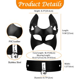 JewelryWe Women's Leather Mask Set - Sexy Masquerade Fox Mask with Adjustable Belt & Bell Collar Choker for Costume Parties