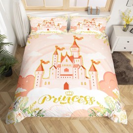 Princess Orange Bedding Set Twin Size,Fairy Tale Theme Fantasy Princess Duvet Cover with 1 Pillow Comforter Cover(No Filler) for Kids,Dreamy Castle Garden Flowers Quilt Cover Set 2 Pcs