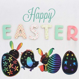 48 pcs Ostern Kratzbilder, Magische Bunte Regenbogen-Scratch-Papierkarte Scratch Crafts für Kinder Ostereierhasen-Kükenform mit Bändern Kratzstift Scratch Art für Osterfest Party Deko DIY Handwerk