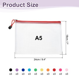 HARFINGTON 30pcs Mesh Zipper Pouch Bags A5 9.4" x 7" Plastic Waterproof Mesh File Bag Clear Document Zipper Pouches for Classroom Home Travel Office Supplies Organization, 10 Colors