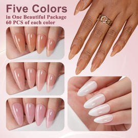 SXVME Soft Gel Nail Tips Medium Almond Gel Tips, 300Pcs Pre-applied Tip PrimerNail Tips, False Nails Press ons, 5 Natural Colors Press on Nails Medium Stiletto Fake Nails for DIY Nail Art