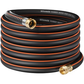WILAWELS 50FT x 5/8" Garden Hose, Heavy Duty Rubber Garden Water Hose, 300 PSI Working, 1000 PSI Burst, Swivel Handle with Stainless Steel Ring, 5-Layer Braided, All-Weather Outdoor Use, BG50GH06