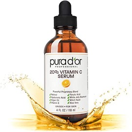 Sérum de Vitamina C anti-edad Pura D'or 20%, fuerza profesional, terapia aceite de argán orgánico, ácido hialurónico y vitamina E, 4 onzas líquidas