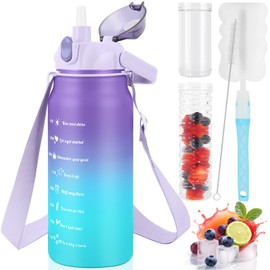 KETIEE Water Bottle 2L 2 Litre Water Bottle 2 Litres with Straw & Adjustable Shoulder Strap & Fruit Container, BPA Free Leak-Proof Sports Bottle with Time Marking, Purple Blue