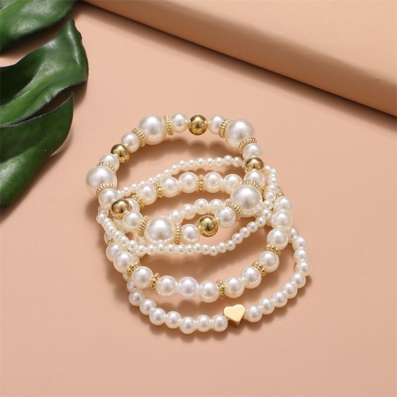 Fuqimanman2020 Chunky Simulated Pearl Stackable Stretch Bracelet Set Beaded Ball