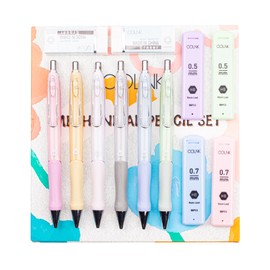 COLNK Mechanical Pencil Set with Lead and Erasers, 6 Cute Ergonomic Comfort Grip Pencil 0.5 & 0.7mm, with 4 Tubes of HB Lead Refills and 2 Extra Erasers for School Office Writings
