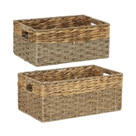 WEAVELYRICS [2-Pack, 2-Size] Wicker Storage Baskets with Handles, Water Hyacinth and Seagrass, Handwoven Storage Baskets for Shelves, Kitchen, Bathroom or Bedroom (Rectangle, Large 17″ & Small 15.3″)