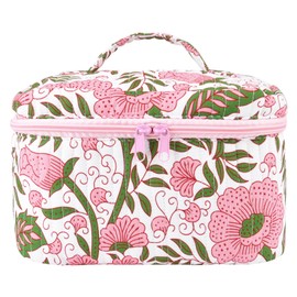 SOIDRAM Large Makeup Bag Quilted Makeup Bags Cute Cosmetic Bag for Women Girls Floral Coquette Aesthetic Toiletry Bag Travel Make Up Organizer Pink Skincare Bag