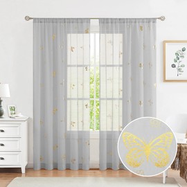 Jubilantex Grey Sheer Curtain with Gold Butterfly Pattern for Kids Room, Linen Textured Rustic Metallic Print 84 Inch Rod Pocket Window Drapes for Girls Bedroom Living Room, 2Panels
