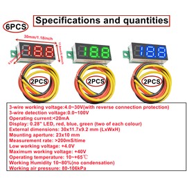 HUAZIZ 6 Pcs Mini Digital Voltmeter, DC 0.28 Inch Three Line DC Mini Digital Voltmeter, Meter Tester, LED Display Reverse Polarity Protection and Accurate Pressure Measurement 3 Colours