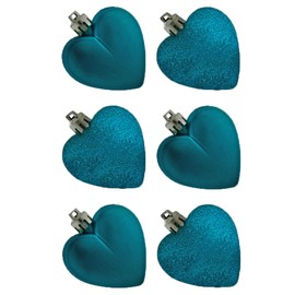 Davies 6 Pack 50mm Glitter / Plain Hearts Christmas Decoration - Teal