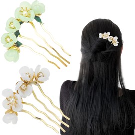2 PACK Hair Fork Clip, Jade Flower Hairpins, Green and White Hair Fork Clip, Vintage Flower Hair Stick, Side Hair Comb 4 Prong Hair Bun Hairpin Sticks Hair Pins Hair Accessories
