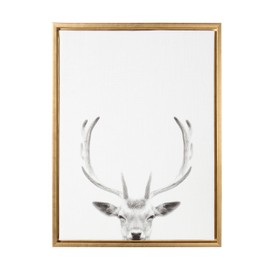Kate and Laurel Sylvie Deer with Antlers Black and White Portrait Framed Canvas Wall Art by Simon Te Tai, 18x24 Gold