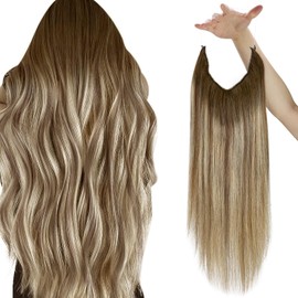 Sunny Hair Wire Hair Extensions Human Hair Invisible Wire Hair Extensions for Women Straight Hidden Hair Extensions with Adjustable Line Balayage Medium Brown to Platinum Blonde 14Inch