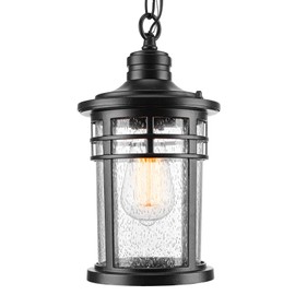 Darkaway Outdoor Pendant Lights for Porch, Outdoor Chandelier Hanging Porch Lights Outdoor Ceiling Mount Aluminum with Seeded Glass for Front Porch Gazebo Patio (Medium, Black)