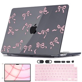 Seanai Case Compatible with MacBook Air 15 inch M5 2026 2025 2024 2023 Release A3448 M4 A3241 M3 A3114 M2 A2941, Slim Plastic Hard Shell Case + Keyboard Cover + Screen Protector, Bowknot Black