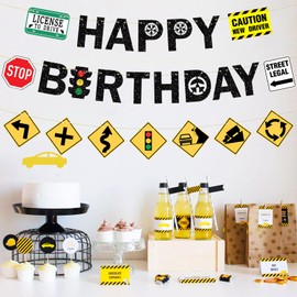 Ushinemi Pre-Strung Driver’s License Birthday Decorations, NO DIY Glitter Happy Birthday Banner New Driver Car Road Signs, 16th 17th Learner Driver Birthday Party Supplies