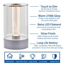 Festive Living Cordless Table Lamp, Touch Control Rechargeable Bedside Light, Dimmable Warm White Filament LED, USB-C Charging 1800mAh Battery, Sleek Modern Style, Silver Finish