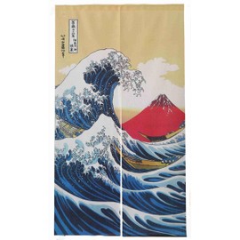 Vtrbwze Noren Japanese Doorway Curtain Tapestry Decorations Room Divider Curtain Privacy Anime Curtains (The Great Wave Off Kanagawa + Red Fuji, 33.5" W x 67" L) NR1251