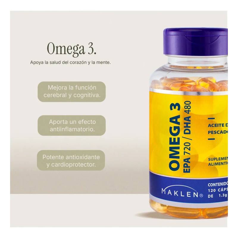 Omega 3 Maklen 120 Cápsulas 300g Dha 480 Epa 720