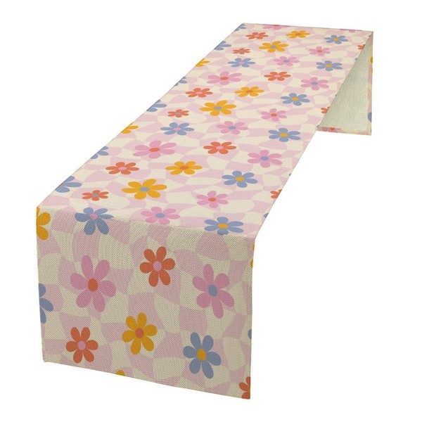 Pink Checkered Table Runner, Cute 70s Modern Flower Aesthetic Funky