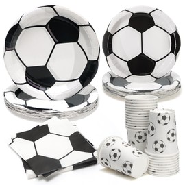 PCLMLES 96pcs Party Plates Soccer Tableware Set Black and White Kid's Birthday Party Paper Plates Round for 24 Guests Disposable Table Supplies Picnic Soccer Party (Include Plates, Cups and Napkins)