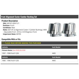 Marketplace Auto Parts Adjustable Front Alignment Caster Camber Bushing - Set of 2 - Compatible with 1980-1998 Ford F-250 4WD