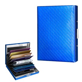 Qavosdiy Textured Stainless Steel RFID Card Holder – Anti-Slip Etched Metal Credit Card Case with Unique Chevron Pattern – Slim Wallet for Men & Women (Blue)