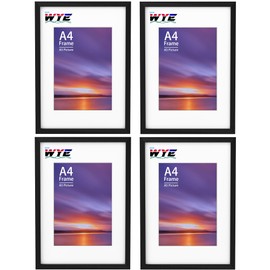 wyewye A4 Frame Set of 4, Wooden A4 Photo Frames with A5 Mount, A4 Picture Frames with Stand Tabletop or Wall Hanging, A4 Black Frame Poster Frame with Plexiglass Window, Black