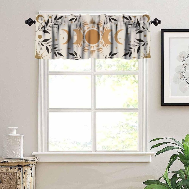JanJCurt Boho Moon Phase Valance, Boho Mystic Celestial Sun Moon