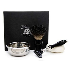 Pure Black Badger Hair Shaving Brush Set of 4 Pieces in Black Includes Black Badger Hair Brush, Mach 3 Razor, Stainless Steel Bowl & Soap Free