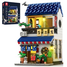 Reobrix Japanese Izakaya Shop Building Blocks 66502, 2 in 1 Creative Street View House Building Kit with Lighting Set, Japanese Architecture Home Office Decor, Ideal Gifts for Boys Girls Adults 14+