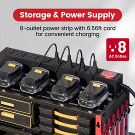 53" Power Tool Organizer Wall Mount with Power Strip, Heavy Duty Metal Tool Shelf, 400lbs Capacity for Cordless Drills, Batteries & Garage Storage (12 Slots with 8 Outlets Power Strip)
