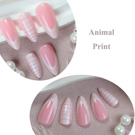 MERVF Press on Nails Almond Medium Off-white French Tip Fake Nails Glue ons Acrylic Nail White Crocodile Print Design Art Cool Glossy 24pcs