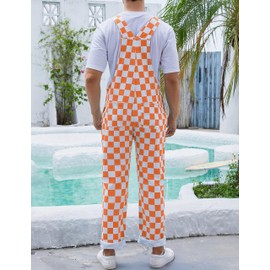 Odefou Orange Checkered Pants Mens Overalls Bib Coveralls Cute Stretch Jeans Jumpsuit(Orange,2XL)