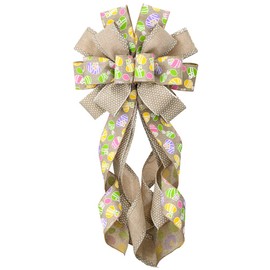 Large Easter Wreath Bows for Front Door, Flaxen Burlap Bows Easter Eggs Bow Holiday Spring Tree Topper Bows for Wreath Wall Window Easter Decorations
