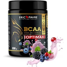 Eric Favre BCAA Optimax Red Fruits – Muskelregeneration & Energie, 5000 mg BCAA, HMB, Glutamin, Vitamine C & D, Roter Fruchtgeschmack, 330g  