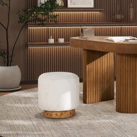 Strawberry Fairy Versatile Pouf Ottoman with Faux Fur Upholstery, Compact Round Design for Footrest or Accent Stool, Cottontail White