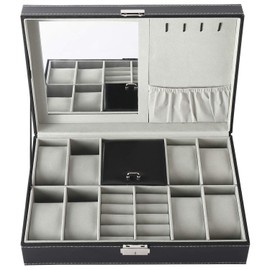 NovelBee Multi-function Watch Boxes Jewelry Display Cases with Mirror,Ring Case,Earring Card,Hook,Removable Cushions,Framed Glass and Secure Lock for Watch Jewelry Storage