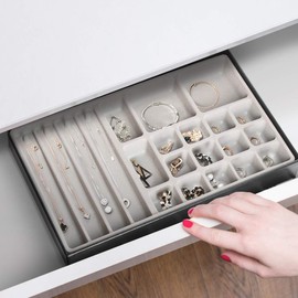 JACKCUBE DESIGN Stackable Synthetic Leather Jewelry Tray Earring Necklace Bracelet Ring Organizer Display Storage Box(Set of 4, Black, 16 x 9.6 x 1.6 inches)- :MK212-3ABCD