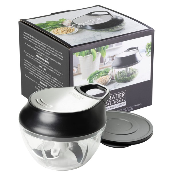 Small Manual Hand Food Chopper - Sabatier Professional Nut, Fruit and Vegetable Processor, Slicer, Cutter And Dicer. Pull String, Stainless Steel removable Blades, Lid, BPA-Free. Dishwasher Safe