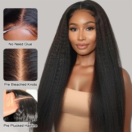 BLY Glueless Wig Kinky Straight Human Hair Lace Front Wigs 7x5 HD Lace Pre Cut Pre Plucked Invisible Knots Wear and Go Yaki Straight Wig for Women 180% Density 22 Inch
