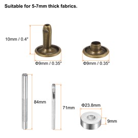 sourcing map 100 Sets Leather Rivets 10 x 9mm Metal Double Cap Rivet Snaps Studs Fasteners with 3pcs Setting Tools Rivets for Leather Craft DIY Repair Decoration, Bronze