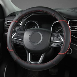 GIANT PANDA PU Leather Steering Wheel Cover Compatible with VW Compatible with Volkswagen Round Steering Wheels - Non-Slip Breathable Black+Red