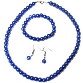 Caprilite Royal Blue Classic Faux Pearl Necklace Earrings & Bracelet Jewellery Set Vintage