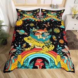 Manfei Frog Mushroom Bedding Set Retro Groovy Flowers Plants Mushroom Comforter Cover Set for Kids Teens Bedroom Decor Exotic Sun Moon Galaxy Glitter Colorful Duvet Cover Bedspread Full Size