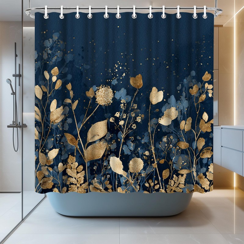LeAquaNook Navy Blue Shower Curtain Dark Blue and Gold Leaf