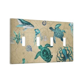 Art Sea Turtle Ocean 4 Gang Light Switch Cover Quad Toggle Wall Plate Decorative Switchplate Electrical Faceplate Farmhouse Kitchen Bathroom Home Decor