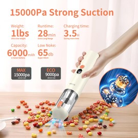 autozen M3 Handheld Vacuum Cordless 15000Pa Powerful Suction, Portable 4-in-1 Car Vacuum Cleaner with LED Display&Light, Multi-Nozzles for Car Interior Home Cleaning, Milk White