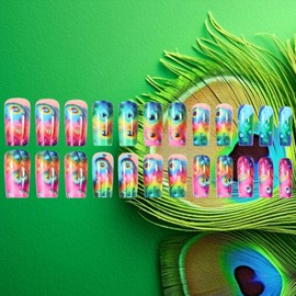 24Pcs Feather Press on Nails Peacock Feathers Medium Coffin False Nails Bird Gel Glue on Nail Glossy Colorful Gradient Acrylic Fake Nail Curve Line Stick on Fingernails for Coquette Women Girls